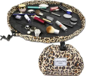 Lay-n-Go Cosmo Drawstring Cosmetic & Makeup Bag Organizer - Portable Drawstring Makeup Bag w/Zipper Pocket, Makeup Loops & More - Durable, Machine Washable Toiletry Bag for Travel (20", Leopard)