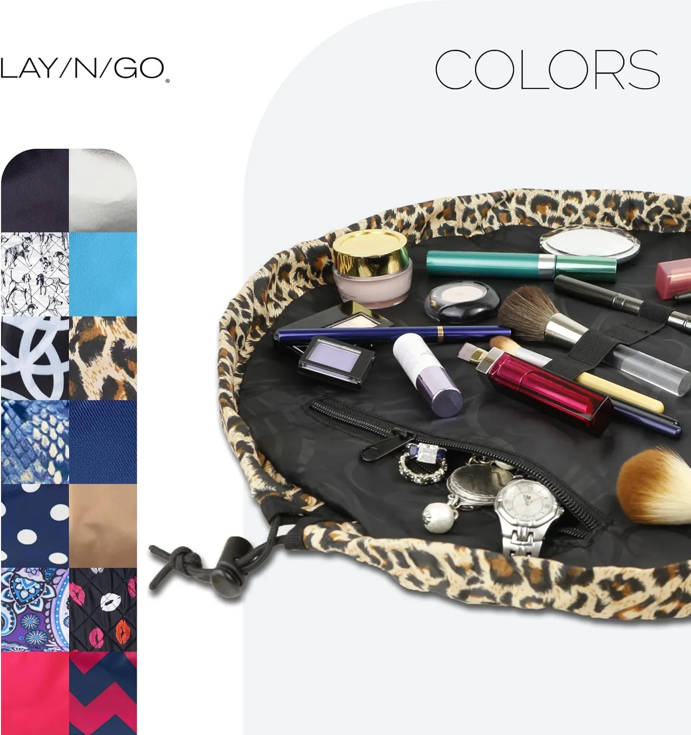 Lay-n-Go Cosmo Drawstring Cosmetic & Makeup Bag Organizer - Portable Drawstring Makeup Bag w/Zipper Pocket, Makeup Loops & More - Durable, Machine Washable Toiletry Bag for Travel (20", Leopard)