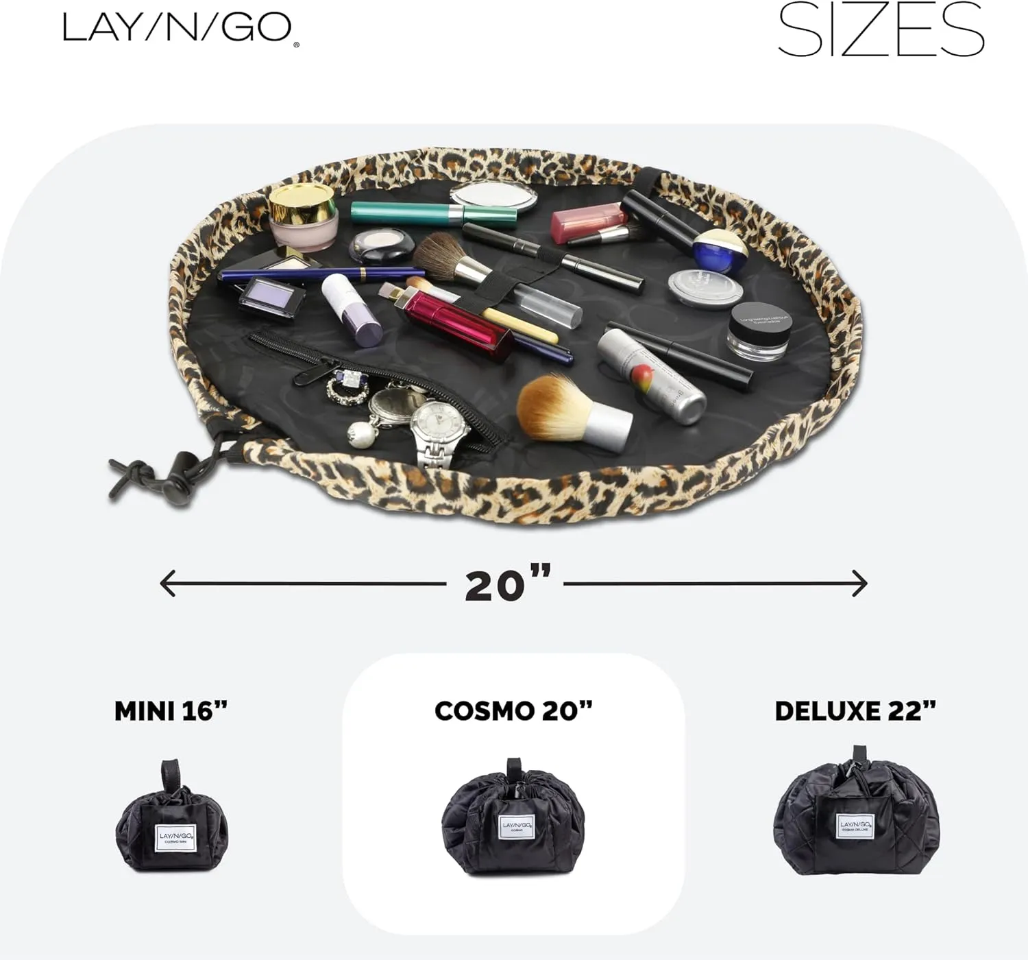 Lay-n-Go Cosmo Drawstring Cosmetic & Makeup Bag Organizer - Portable Drawstring Makeup Bag w/Zipper Pocket, Makeup Loops & More - Durable, Machine Washable Toiletry Bag for Travel (20", Leopard)