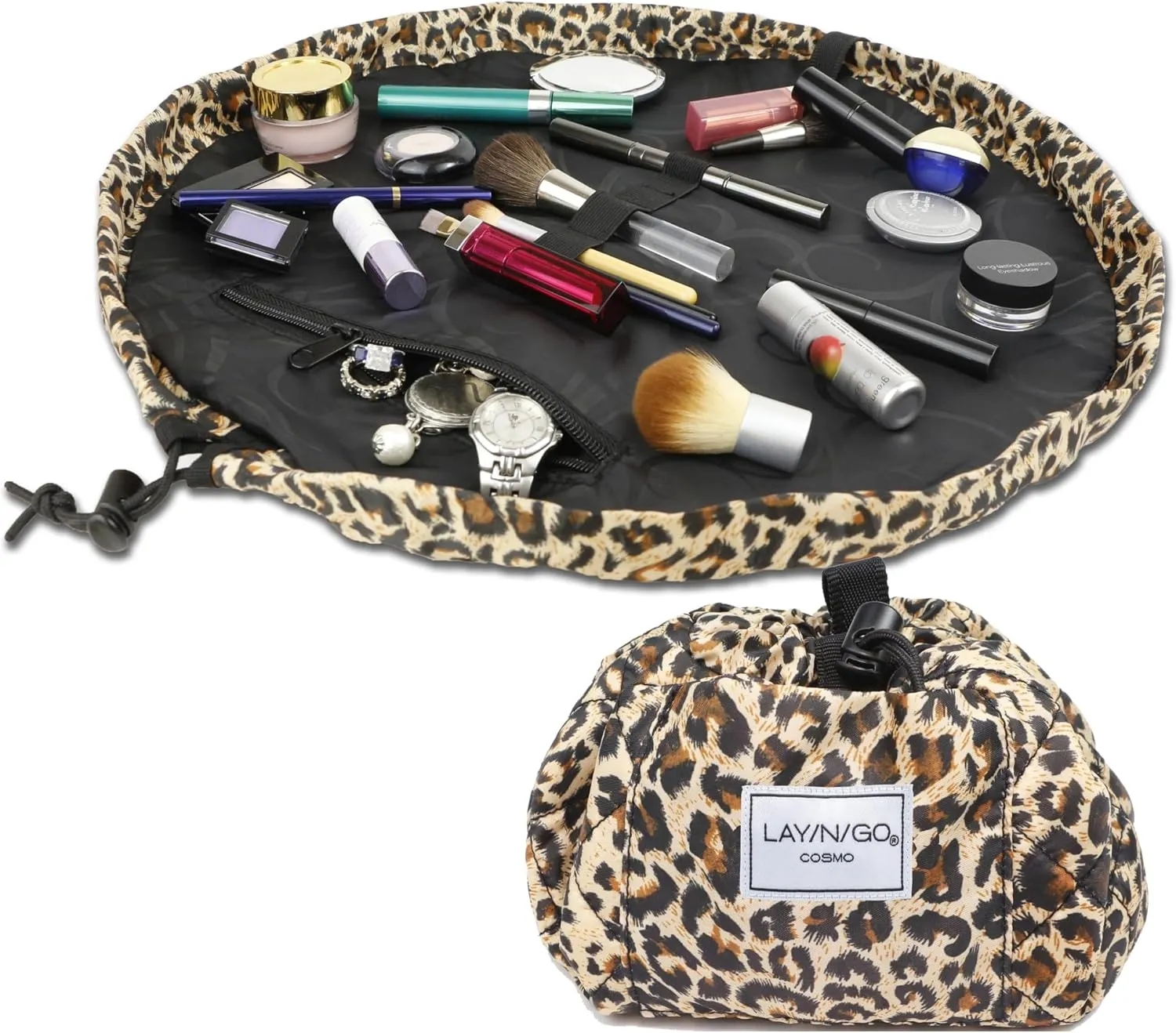 Lay-n-Go Cosmo Drawstring Cosmetic & Makeup Bag Organizer - Portable Drawstring Makeup Bag w/Zipper Pocket, Makeup Loops & More - Durable, Machine Washable Toiletry Bag for Travel (20", Leopard)
