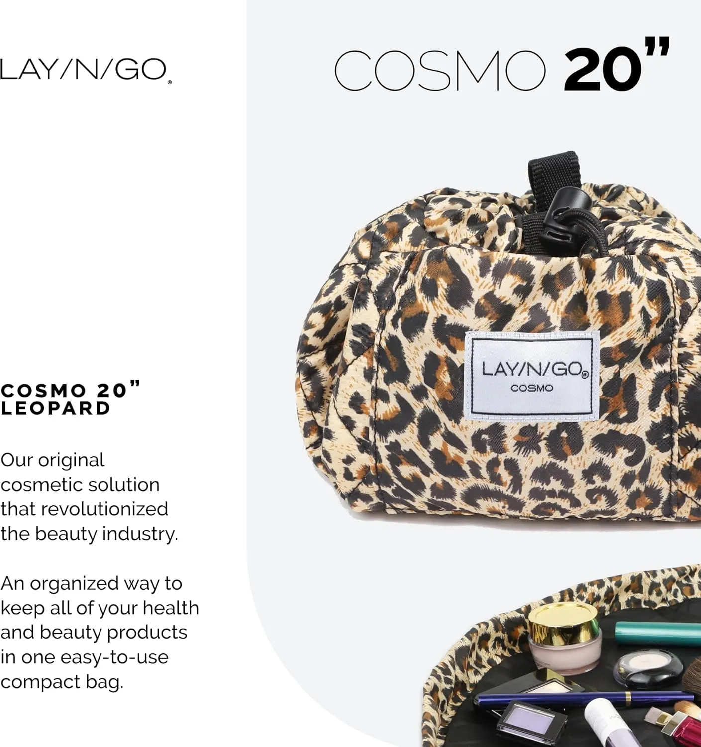 Lay-n-Go Cosmo Drawstring Cosmetic & Makeup Bag Organizer - Portable Drawstring Makeup Bag w/Zipper Pocket, Makeup Loops & More - Durable, Machine Washable Toiletry Bag for Travel (20", Leopard)