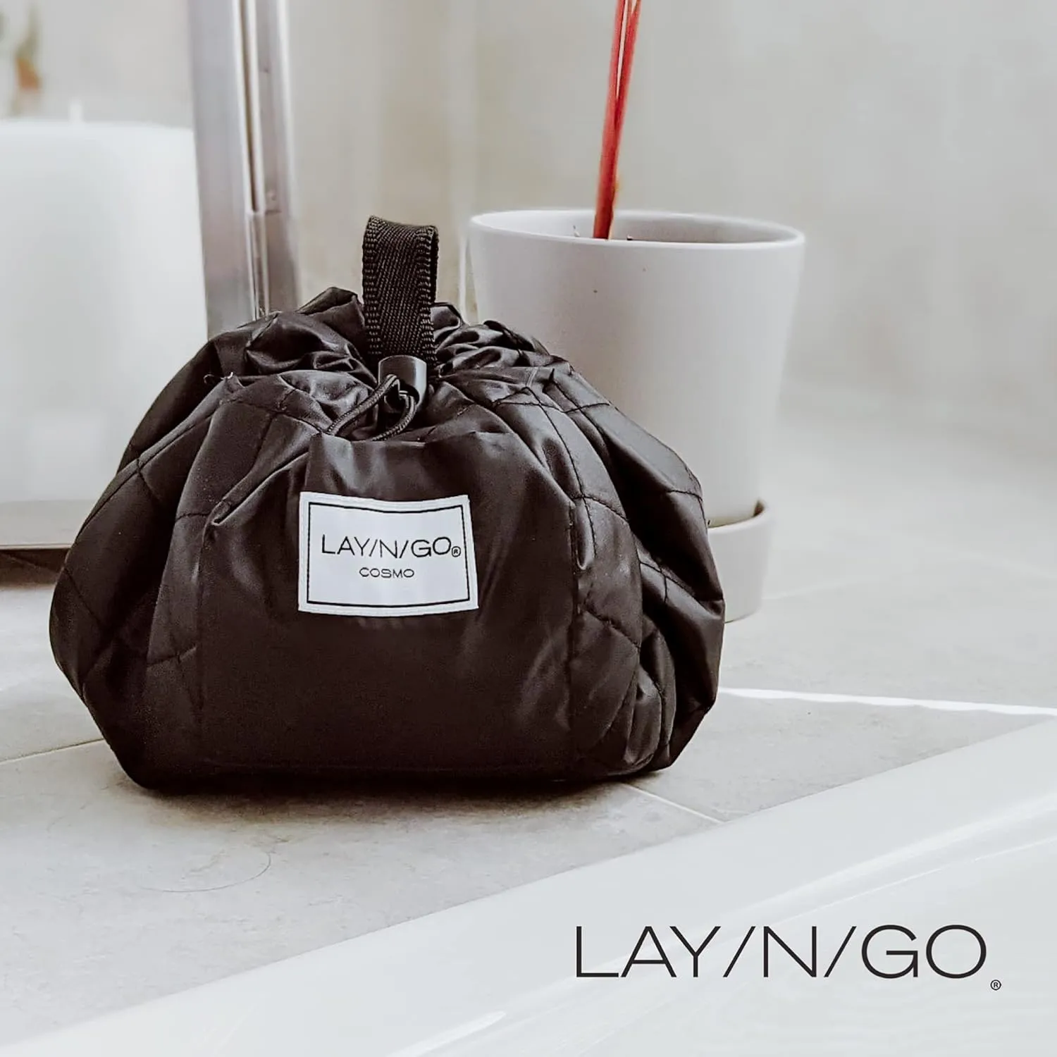 Lay-n-Go Cosmo Drawstring Cosmetic & Makeup Bag Organizer - Portable Drawstring Makeup Bag w/Zipper Pocket, Makeup Loops & More - Durable, Machine Washable Toiletry Bag for Travel (20", Pink)