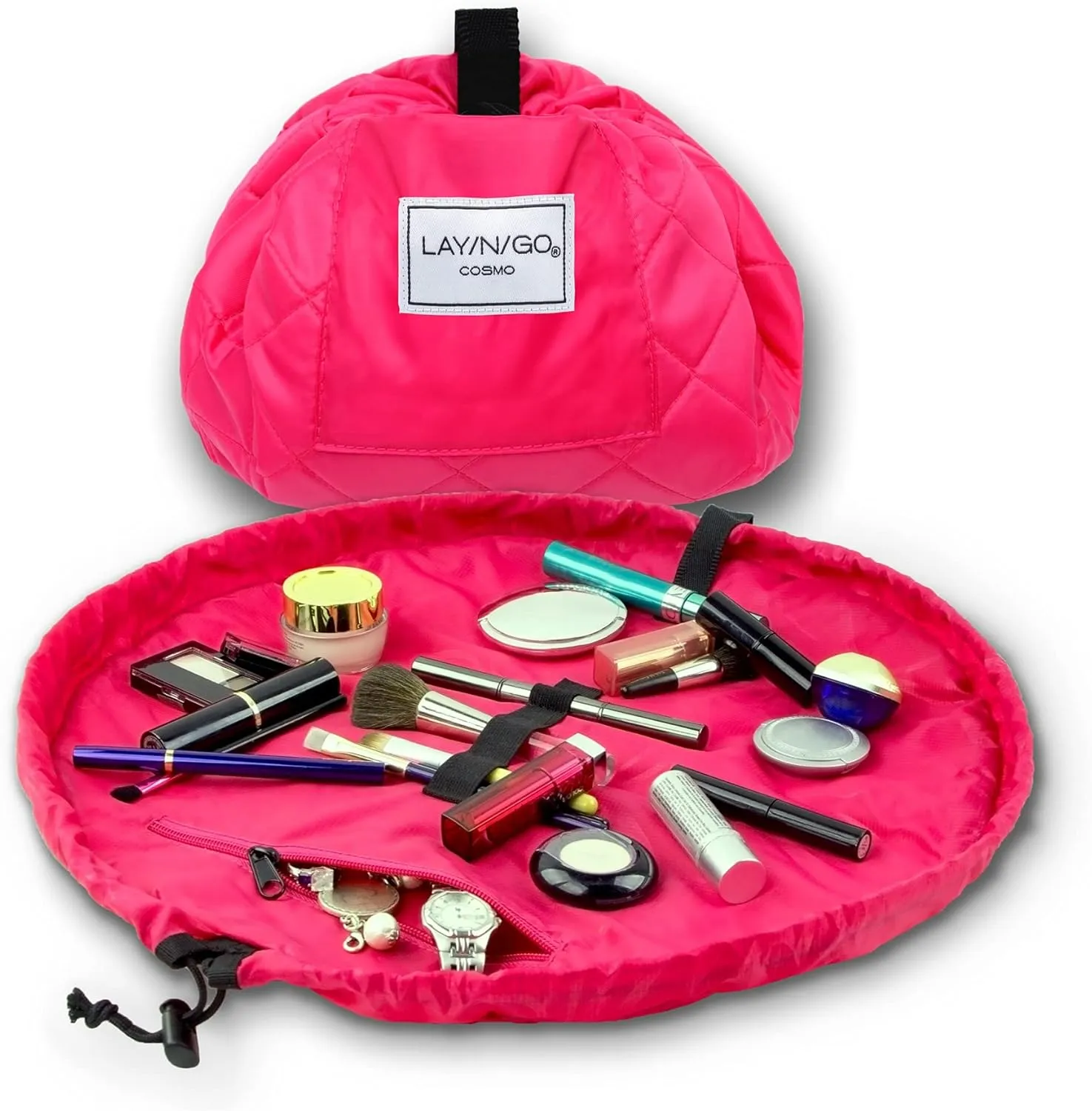 Lay-n-Go Cosmo Drawstring Cosmetic & Makeup Bag Organizer - Portable Drawstring Makeup Bag w/Zipper Pocket, Makeup Loops & More - Durable, Machine Washable Toiletry Bag for Travel (20", Pink)
