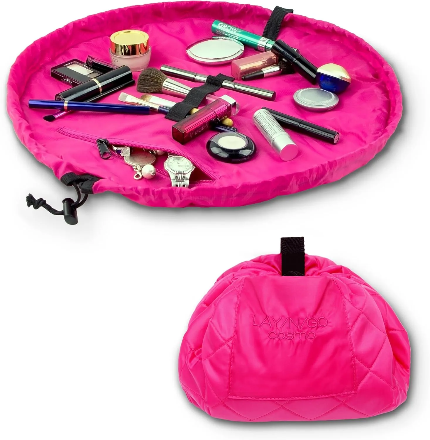 Lay-n-Go Cosmo Drawstring Cosmetic & Makeup Bag Organizer - Portable Drawstring Makeup Bag w/Zipper Pocket, Makeup Loops & More - Durable, Machine Washable Toiletry Bag for Travel (20", Pink)
