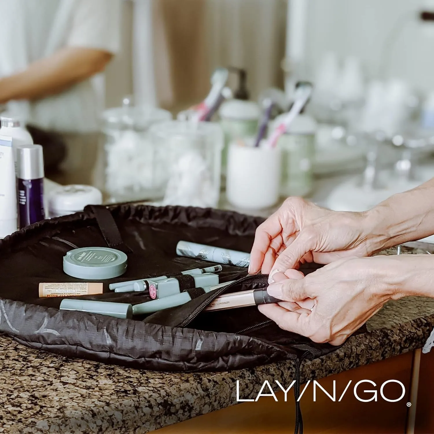 Lay-n-Go Cosmo Drawstring Cosmetic & Makeup Bag Organizer - Portable Drawstring Makeup Bag w/Zipper Pocket, Makeup Loops & More - Durable, Machine Washable Toiletry Bag for Travel (20", Pink)