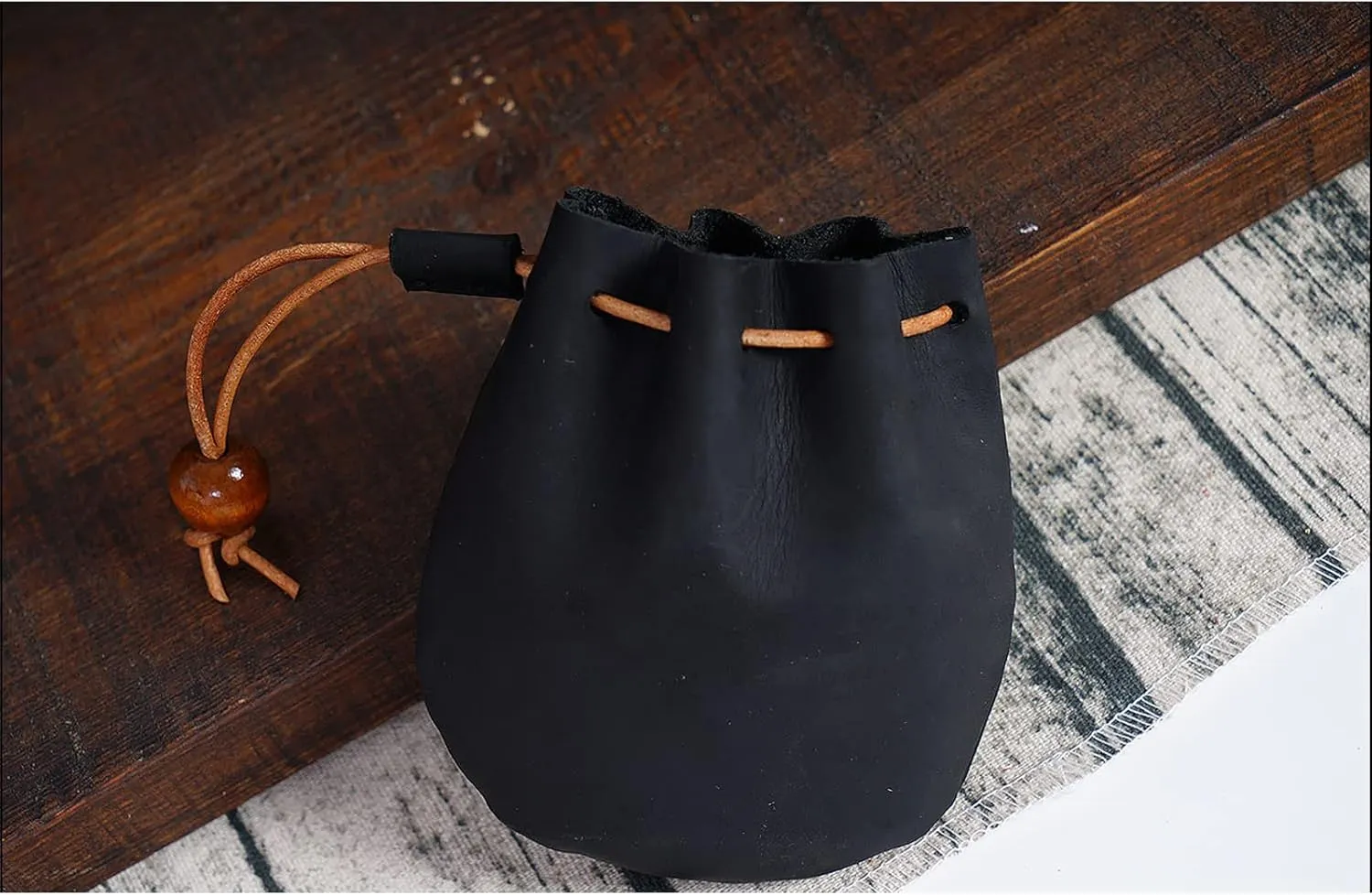 Leather Coin Pouch Change Mini Purse Vintage Cute Handmade Drawstring Bags Gift Holder Medieval Pocket For Traveling Black