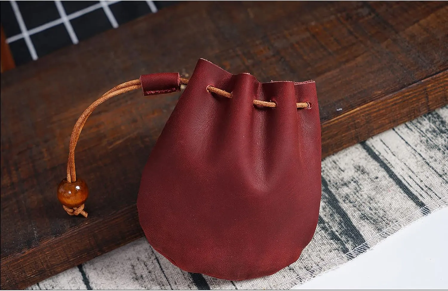 Leather Coin Pouch Change Mini Purse Vintage Cute Handmade Drawstring Bags Gift Holder Medieval Pocket For Traveling Wine Red