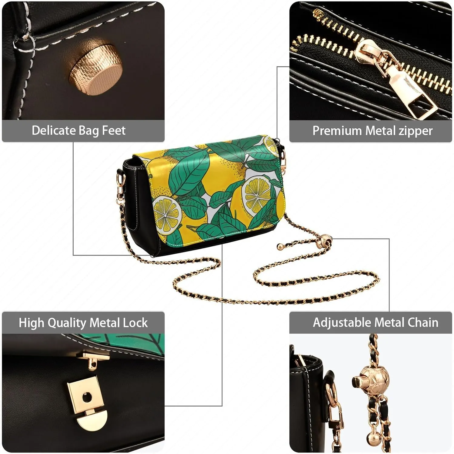 Lemon Slices and Leaves Pu Leather Shoulder Bag for Women, Leather Zipper Crossbody Purse, Leather Crossbody Bags