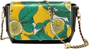 Lemon Slices and Leaves Pu Leather Shoulder Bag for Women, Leather Zipper Crossbody Purse, Leather Crossbody Bags