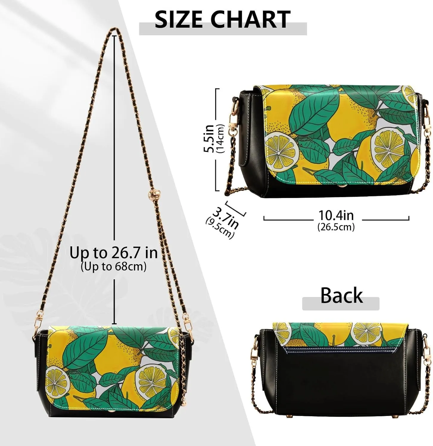 Lemon Slices and Leaves Pu Leather Shoulder Bag for Women, Leather Zipper Crossbody Purse, Leather Crossbody Bags