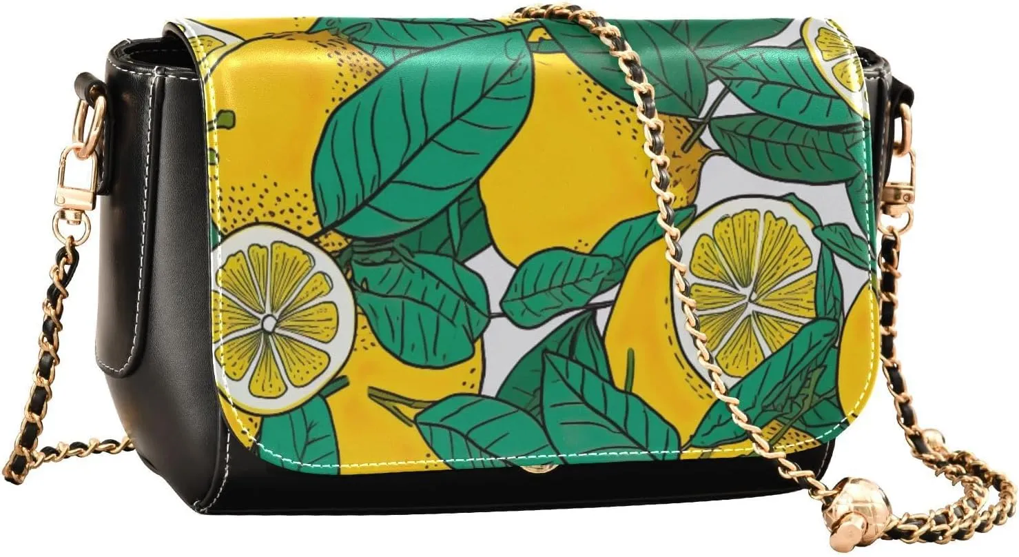 Lemon Slices and Leaves Pu Leather Shoulder Bag for Women, Leather Zipper Crossbody Purse, Leather Crossbody Bags
