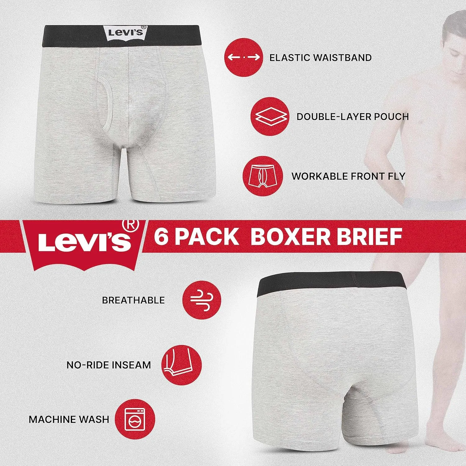 Levi's Mens Boxer Briefs Breathable Cotton Underwear for Men Pack of 6