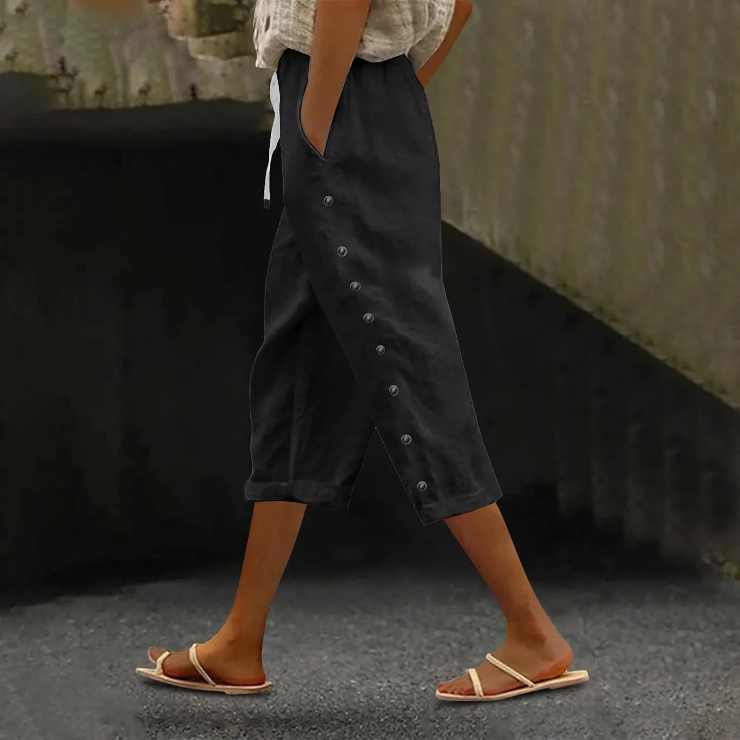 Linen Capri Pants for Women Casual High Waisted Straight Leg Lounge Pants Fashion Side Button Capris with Pockets