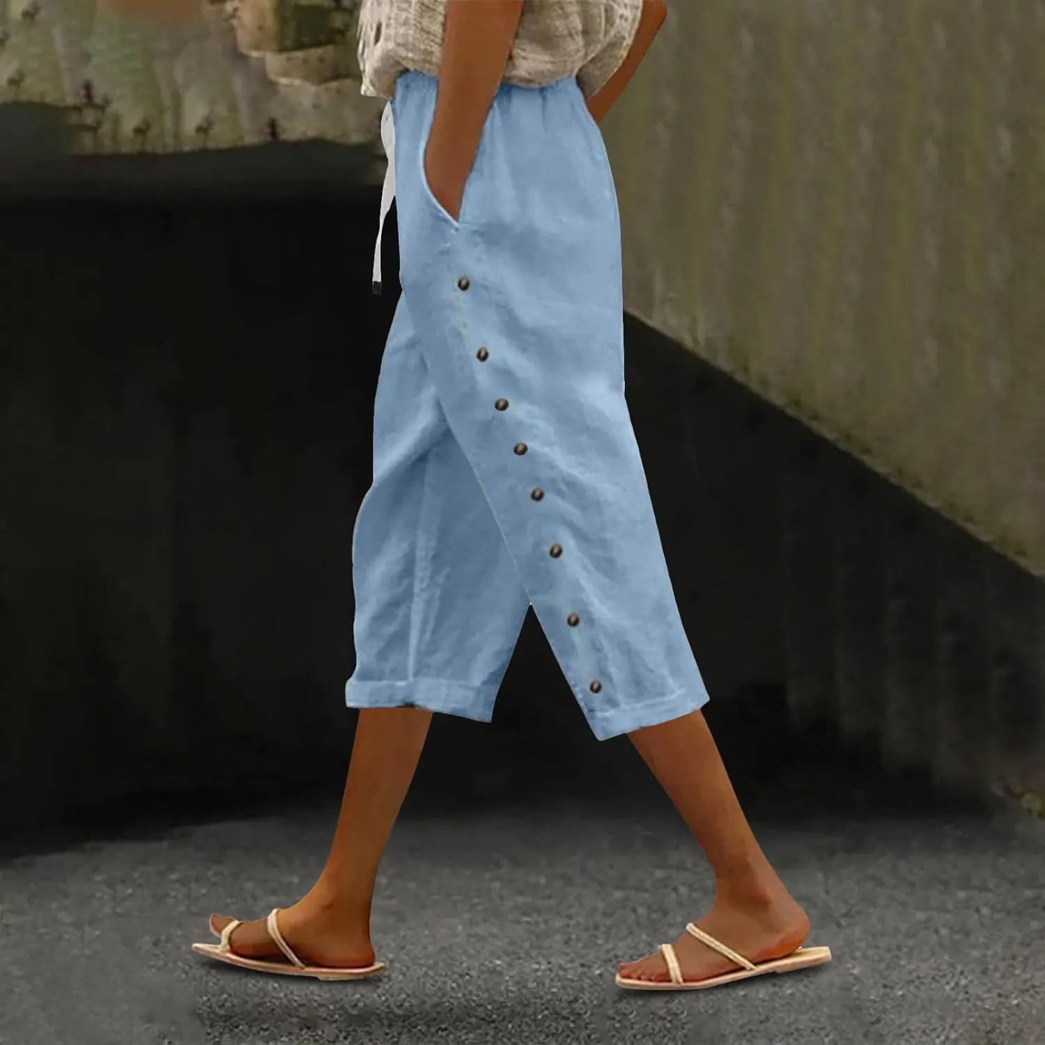 Linen Capri Pants for Women Casual High Waisted Straight Leg Lounge Pants Fashion Side Button Capris with Pockets