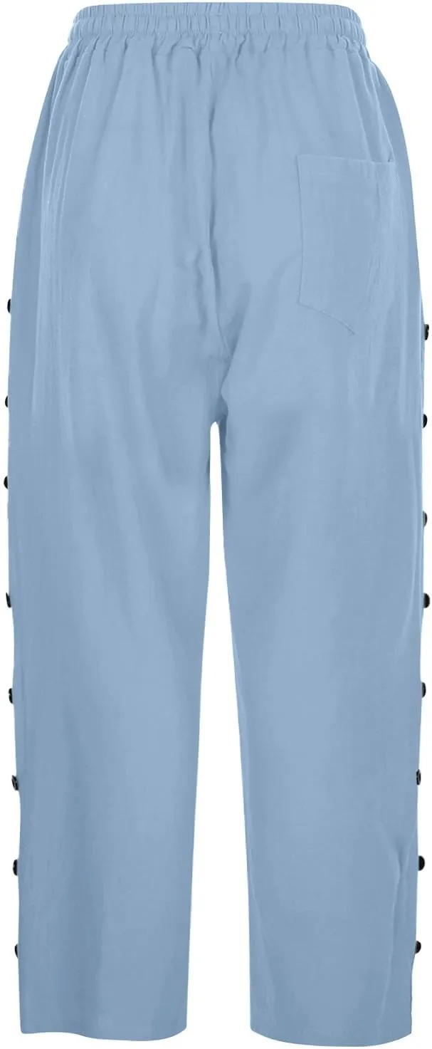 Linen Capri Pants for Women Casual High Waisted Straight Leg Lounge Pants Fashion Side Button Capris with Pockets