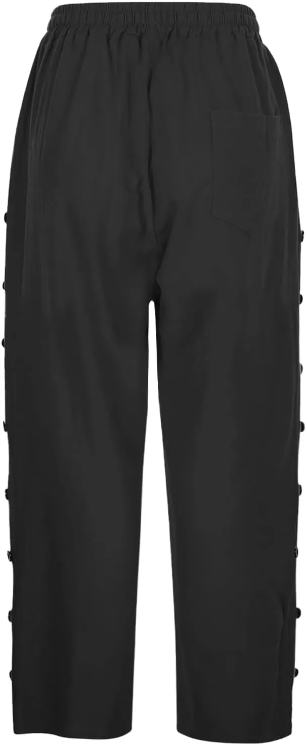 Linen Capri Pants for Women Casual High Waisted Straight Leg Lounge Pants Fashion Side Button Capris with Pockets