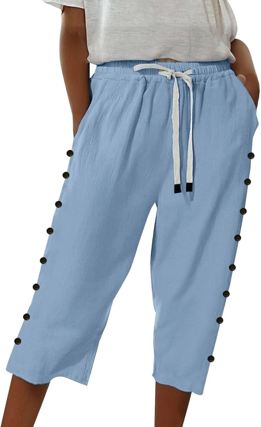 Linen Capri Pants for Women Casual High Waisted Straight Leg Lounge Pants Fashion Side Button Capris with Pockets