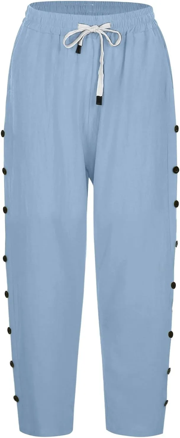 Linen Capri Pants for Women Casual High Waisted Straight Leg Lounge Pants Fashion Side Button Capris with Pockets