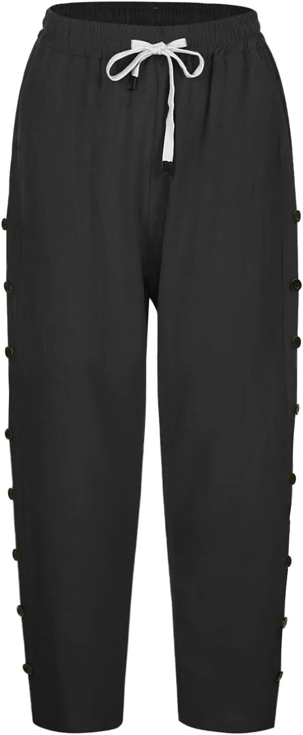 Linen Capri Pants for Women Casual High Waisted Straight Leg Lounge Pants Fashion Side Button Capris with Pockets