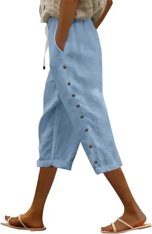 Linen Capri Pants for Women Casual High Waisted Straight Leg Lounge Pants Fashion Side Button Capris with Pockets
