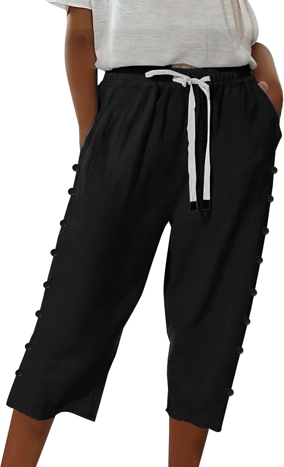 Linen Capri Pants for Women Casual High Waisted Straight Leg Lounge Pants Fashion Side Button Capris with Pockets