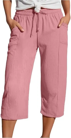 Linen Capri Pants for Women Elastic Waist Straight Leg Lightweight Beach Vacation Capris Summer Casual Lounge Pants