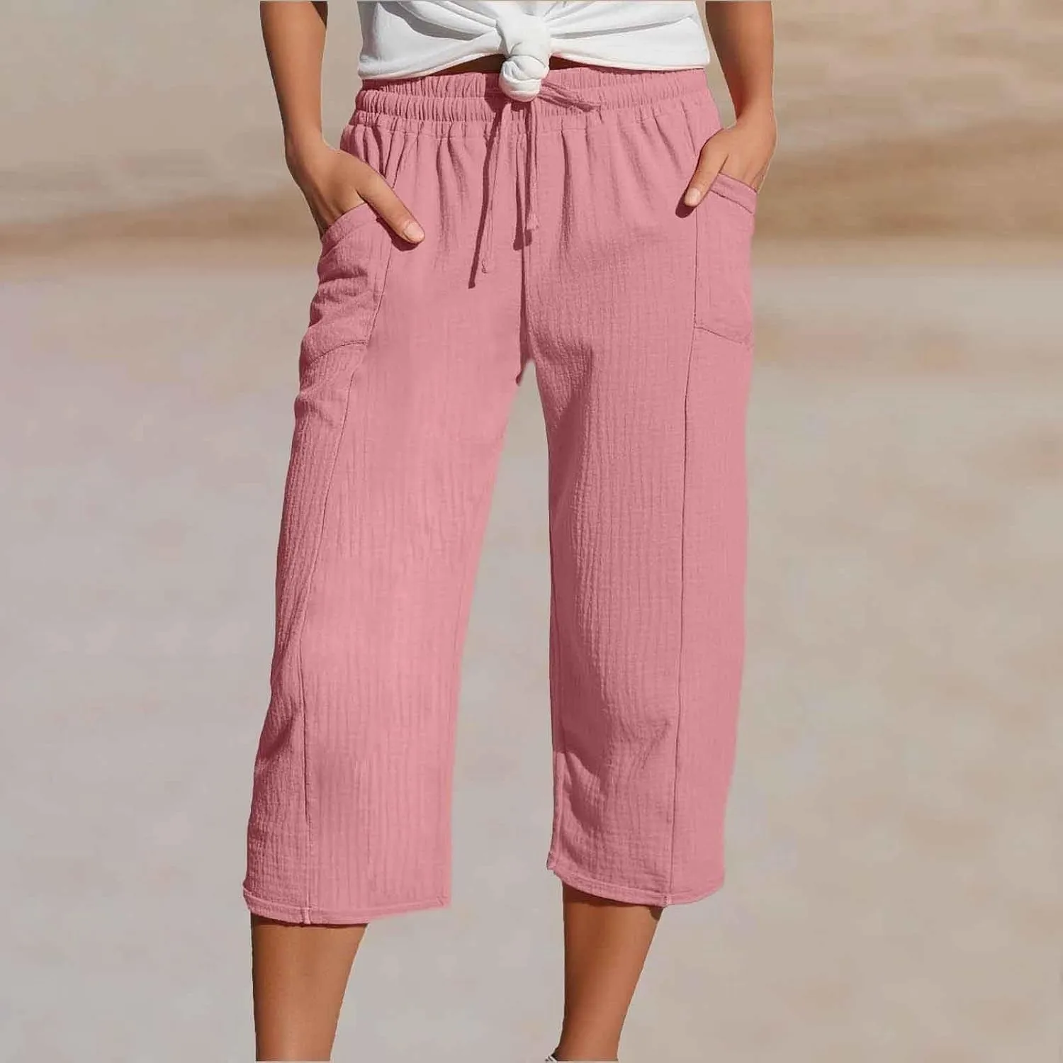 Linen Capri Pants for Women Elastic Waist Straight Leg Lightweight Beach Vacation Capris Summer Casual Lounge Pants