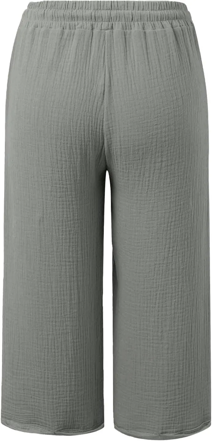 Linen Capri Pants for Women Elastic Waist Straight Leg Lightweight Beach Vacation Capris Summer Casual Lounge Pants