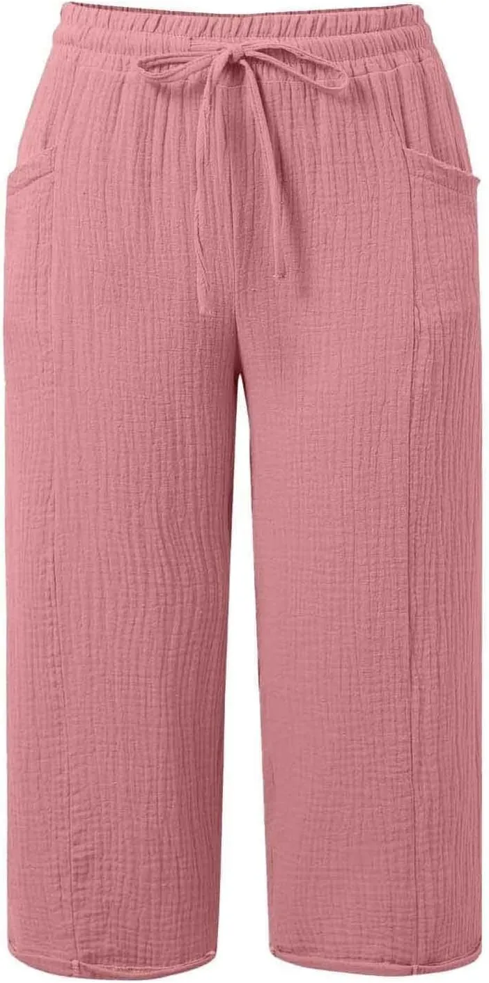 Linen Capri Pants for Women Elastic Waist Straight Leg Lightweight Beach Vacation Capris Summer Casual Lounge Pants