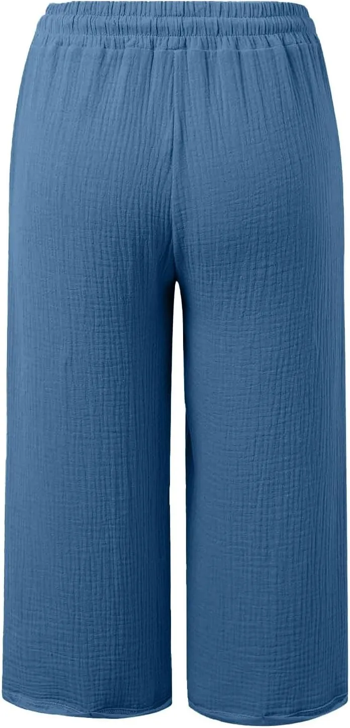 Linen Capri Pants for Women Elastic Waist Straight Leg Lightweight Beach Vacation Capris Summer Casual Lounge Pants