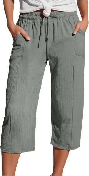 Linen Capri Pants for Women Elastic Waist Straight Leg Lightweight Beach Vacation Capris Summer Casual Lounge Pants