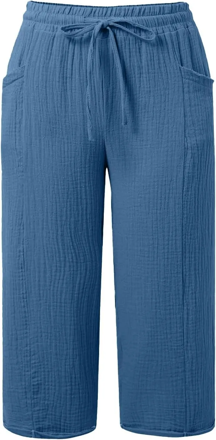 Linen Capri Pants for Women Elastic Waist Straight Leg Lightweight Beach Vacation Capris Summer Casual Lounge Pants