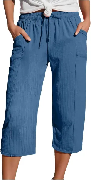 Linen Capri Pants for Women Elastic Waist Straight Leg Lightweight Beach Vacation Capris Summer Casual Lounge Pants