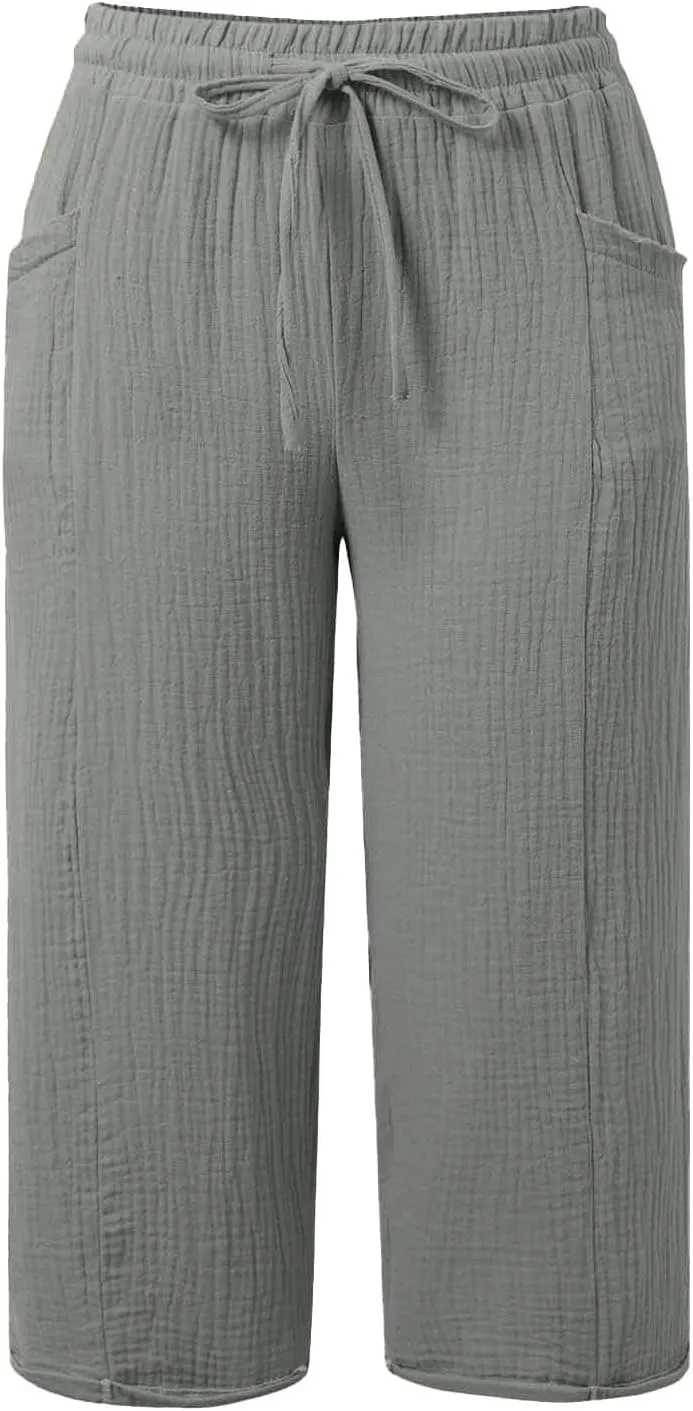 Linen Capri Pants for Women Elastic Waist Straight Leg Lightweight Beach Vacation Capris Summer Casual Lounge Pants