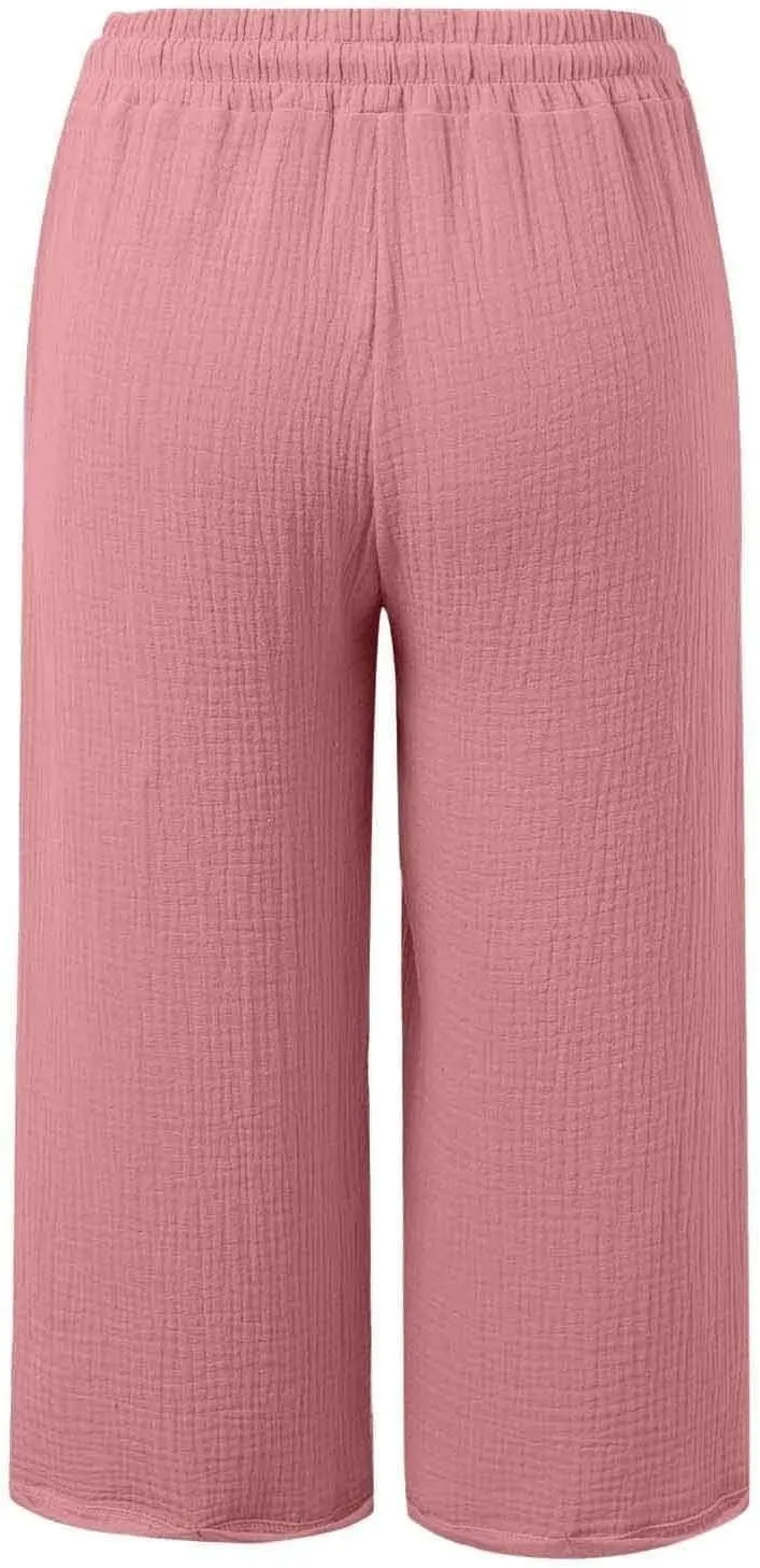 Linen Capri Pants for Women Elastic Waist Straight Leg Lightweight Beach Vacation Capris Summer Casual Lounge Pants