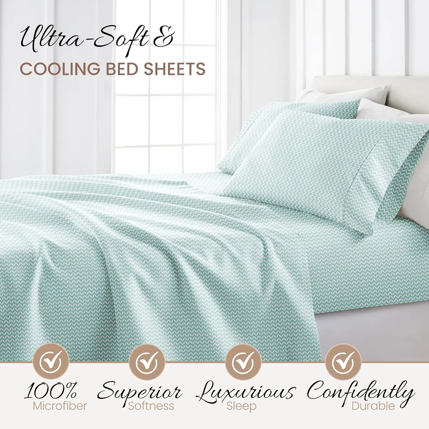 Linen Market Double-Brushed Patterned Microfiber Queen Sheet Set 4 Piece – Oeko-TEX Certified Ultra Soft & Wrinkle-Free - 16" Deep Pocket Sheets - Easy Care Queen Size - Puffed Chevron Light Blue