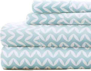 Linen Market Double-Brushed Patterned Microfiber Queen Sheet Set 4 Piece – Oeko-TEX Certified Ultra Soft & Wrinkle-Free - 16" Deep Pocket Sheets - Easy Care Queen Size - Puffed Chevron Light Blue