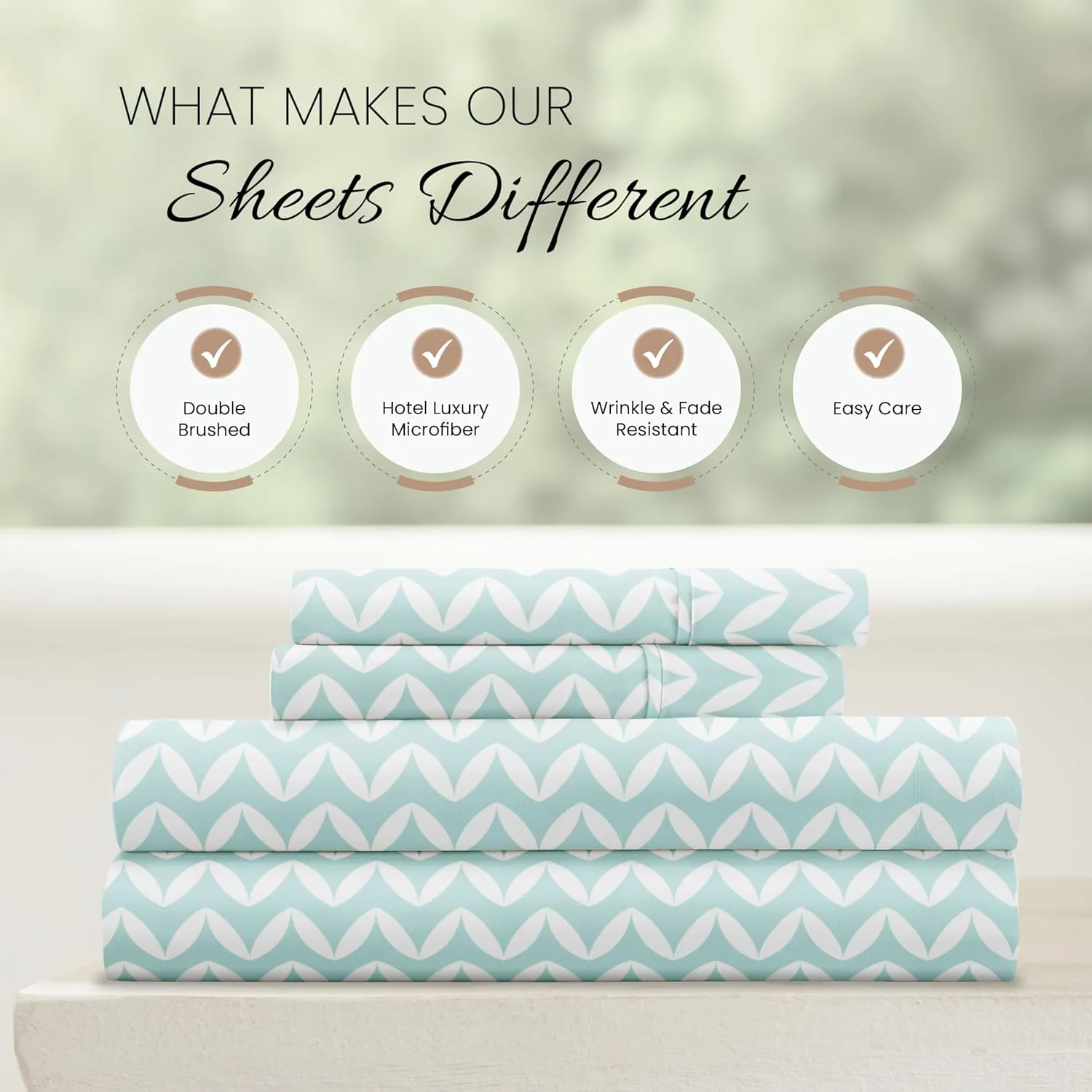 Linen Market Double-Brushed Patterned Microfiber Queen Sheet Set 4 Piece – Oeko-TEX Certified Ultra Soft & Wrinkle-Free - 16" Deep Pocket Sheets - Easy Care Queen Size - Puffed Chevron Light Blue