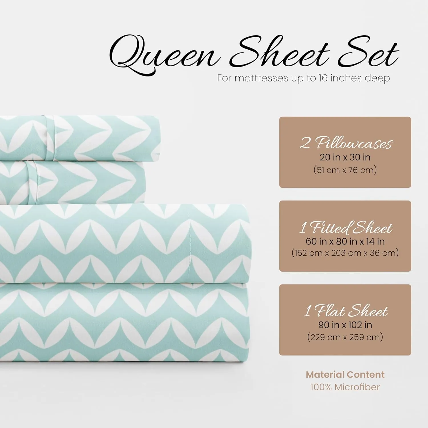 Linen Market Double-Brushed Patterned Microfiber Queen Sheet Set 4 Piece – Oeko-TEX Certified Ultra Soft & Wrinkle-Free - 16" Deep Pocket Sheets - Easy Care Queen Size - Puffed Chevron Light Blue