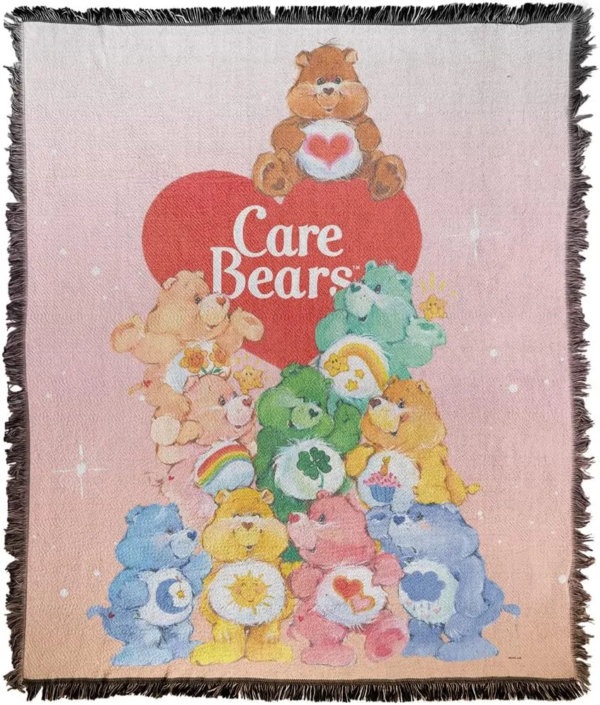 LOGOVISION Care Bears Blanket, 50" x 60" Beary Big Pile Woven Tapestry Cotton Blend Fringed Throw Blanket