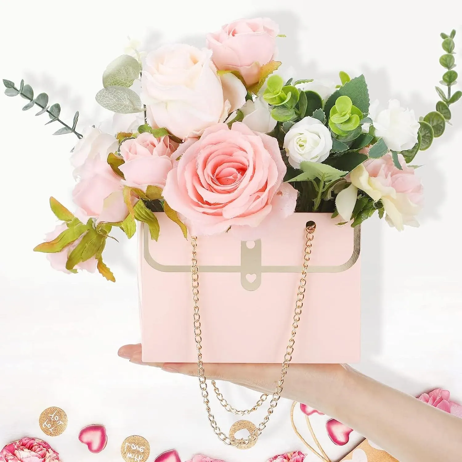 LONG XIN SERIES 12pcs Pink Gift Boxes Gold Chain Handled Gift Boxes Romantic Wedding Favor Florist Present Craft Paper Boxes Rectangular Gift Bags for Gift Package (Pink)