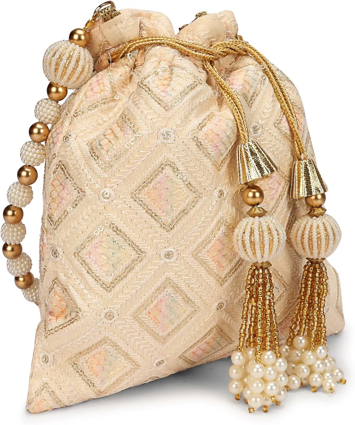LONGING TO BUY Indian Embroidered Pearl Potli Bag For Women, Sequence Design with Tassel, Wedding Potli Bags