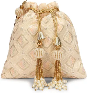 LONGING TO BUY Indian Embroidered Pearl Potli Bag For Women, Sequence Design with Tassel, Wedding Potli Bags
