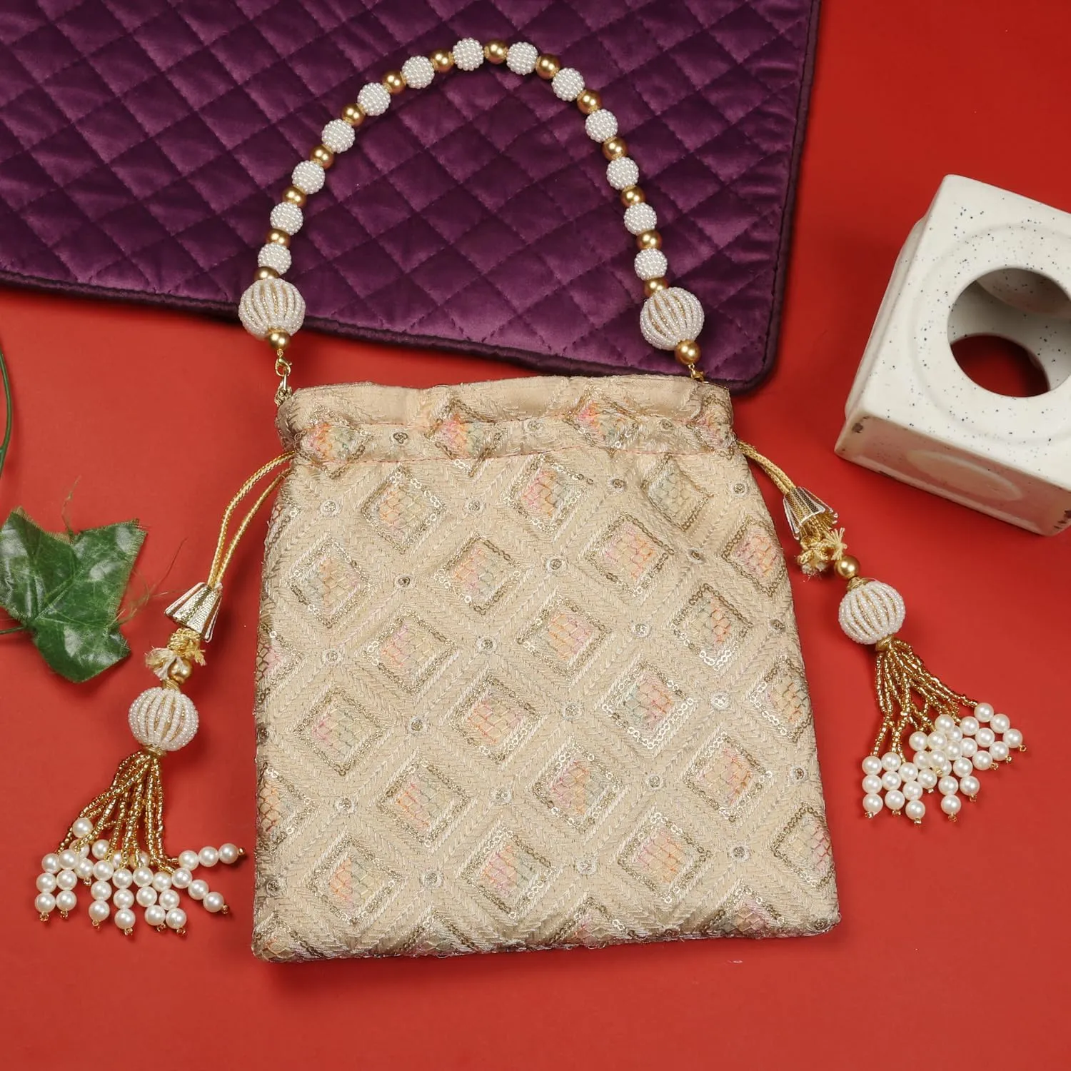 LONGING TO BUY Indian Embroidered Pearl Potli Bag For Women, Sequence Design with Tassel, Wedding Potli Bags