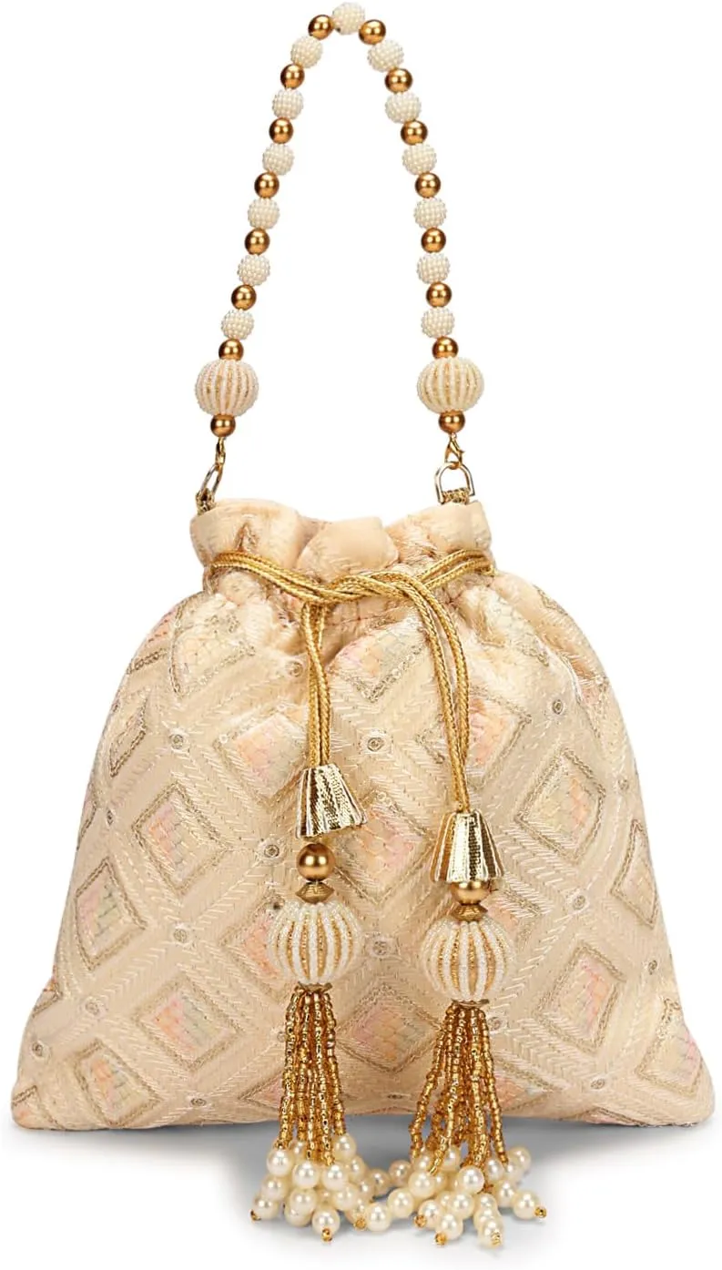 LONGING TO BUY Indian Embroidered Pearl Potli Bag For Women, Sequence Design with Tassel, Wedding Potli Bags