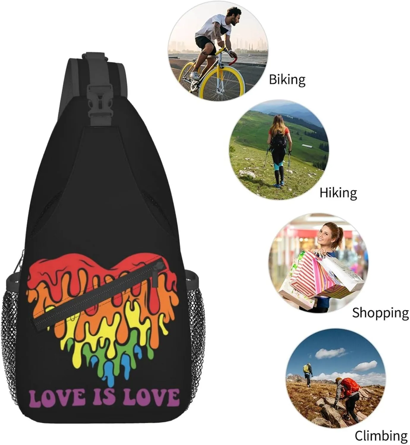 Love Is Love LGBT Gay Pride Rainbow Heart Crossbody Bag Adjustable Sling Bag Chest Bags Travel Shoulder Backpack