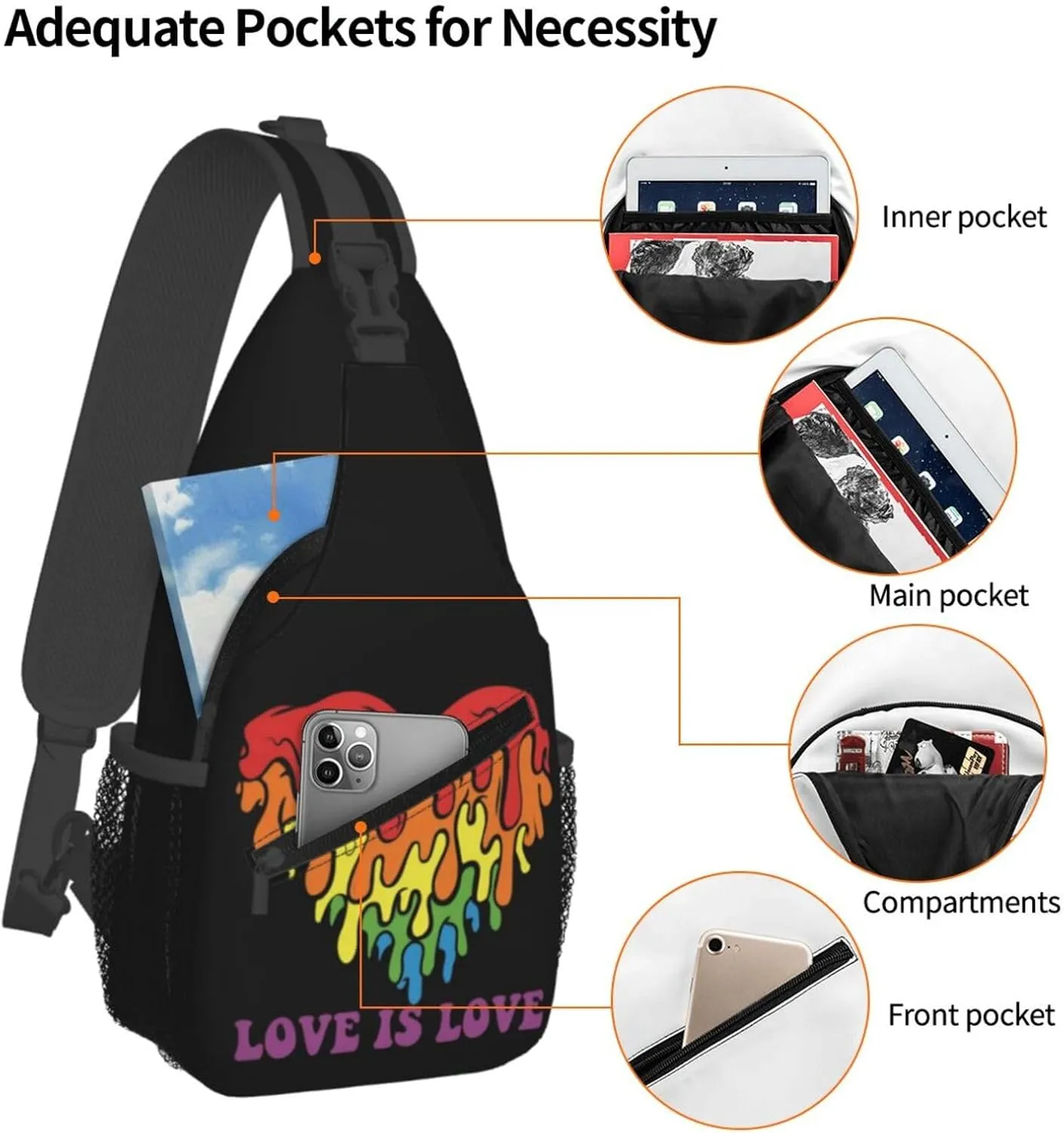 Love Is Love LGBT Gay Pride Rainbow Heart Crossbody Bag Adjustable Sling Bag Chest Bags Travel Shoulder Backpack