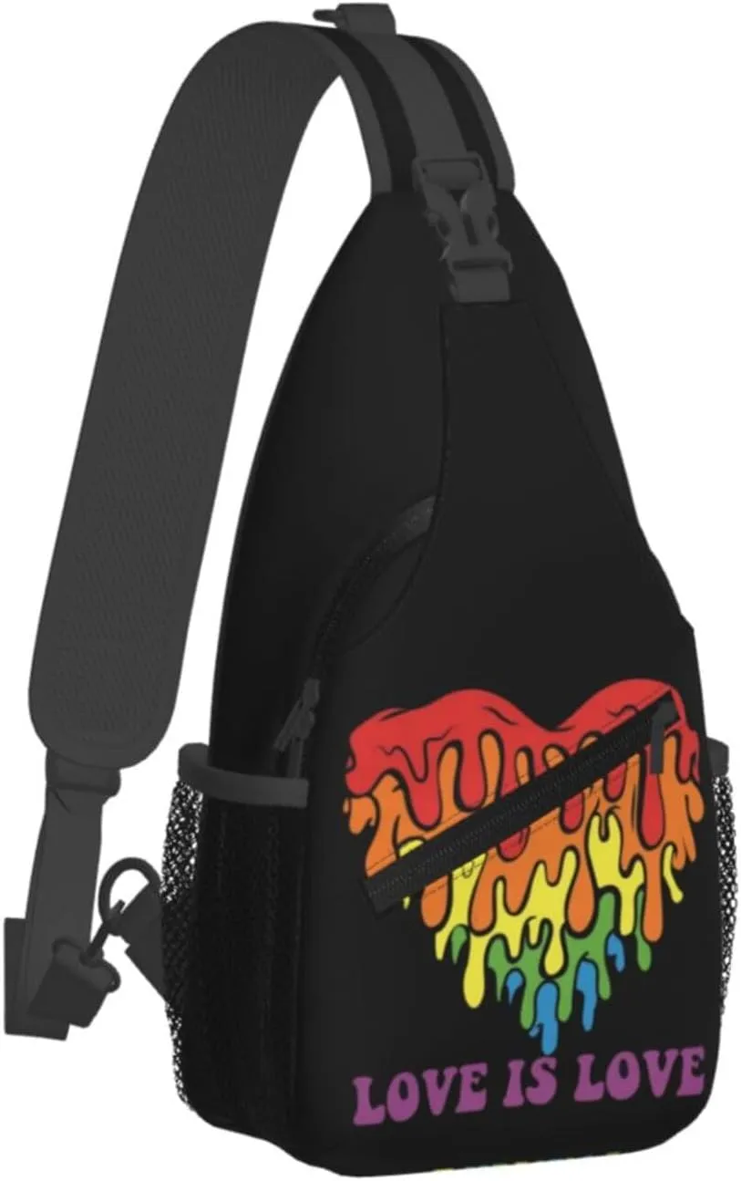 Love Is Love LGBT Gay Pride Rainbow Heart Crossbody Bag Adjustable Sling Bag Chest Bags Travel Shoulder Backpack