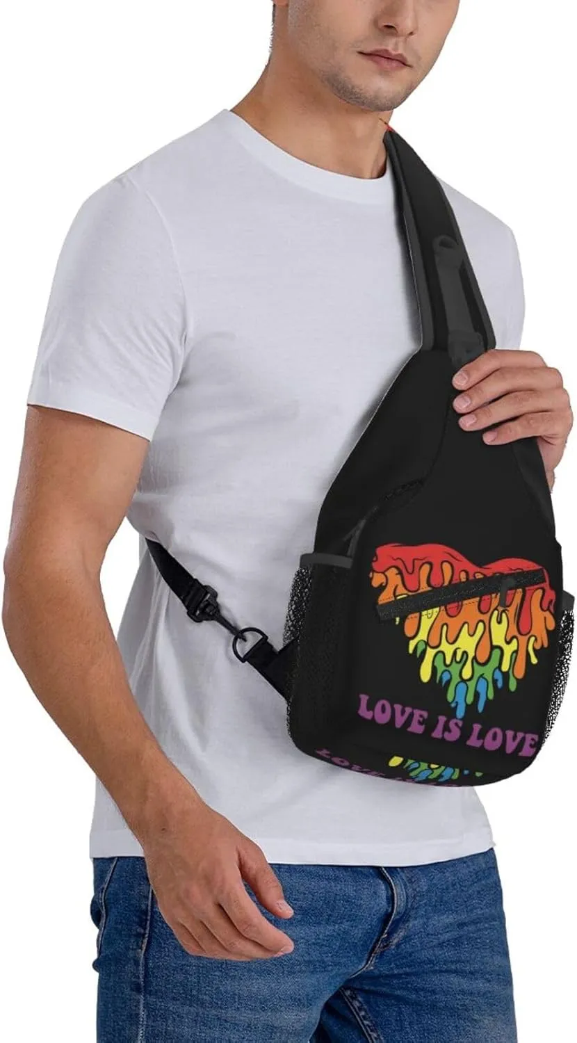 Love Is Love LGBT Gay Pride Rainbow Heart Crossbody Bag Adjustable Sling Bag Chest Bags Travel Shoulder Backpack