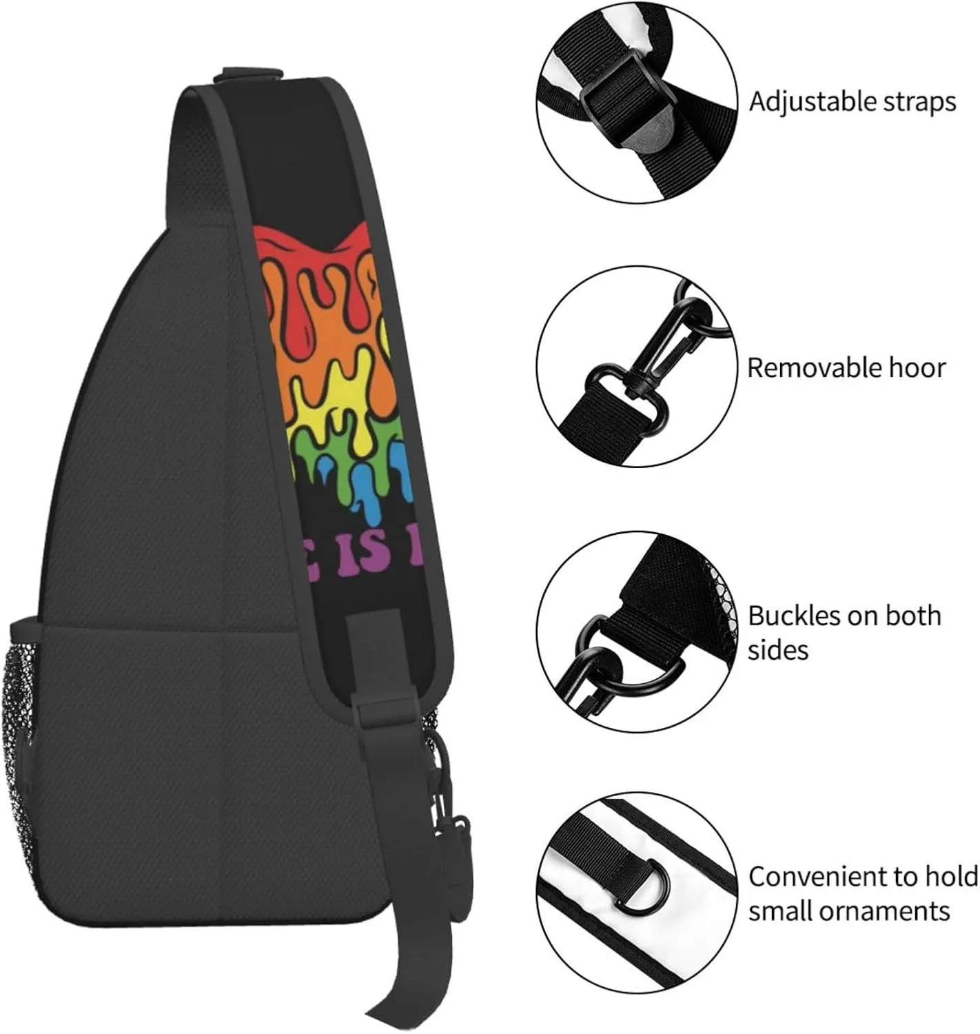 Love Is Love LGBT Gay Pride Rainbow Heart Crossbody Bag Adjustable Sling Bag Chest Bags Travel Shoulder Backpack